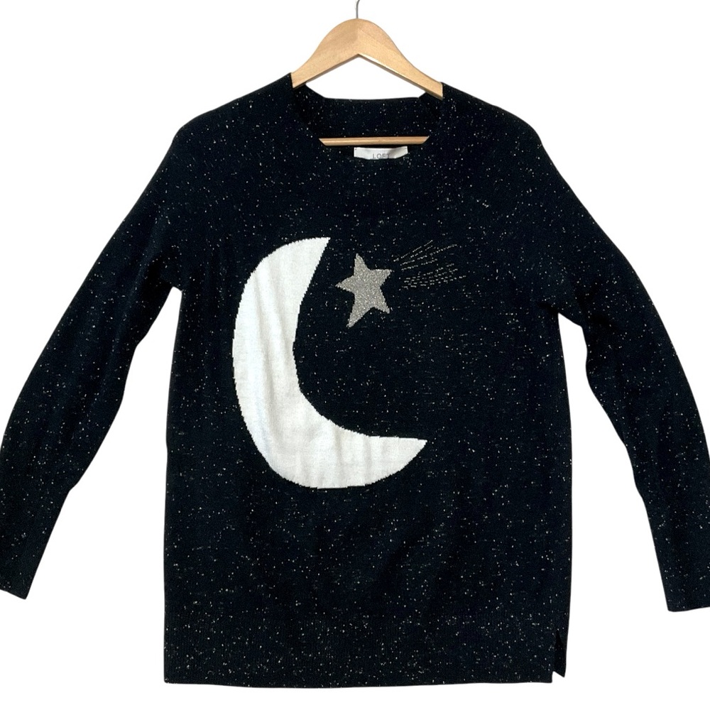 LOFT sz Medium Moon and Star Sweater Wool Blend Black Cream Gold